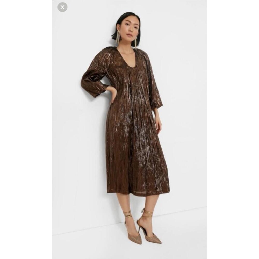 Brown Metallic V-Neck Midi Dress